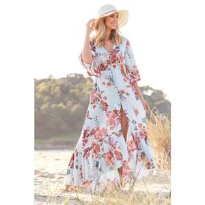 Lula Soul Monet Dress – Aqua Floral, Size XS, Button Front & Ruffle Hem *flaw